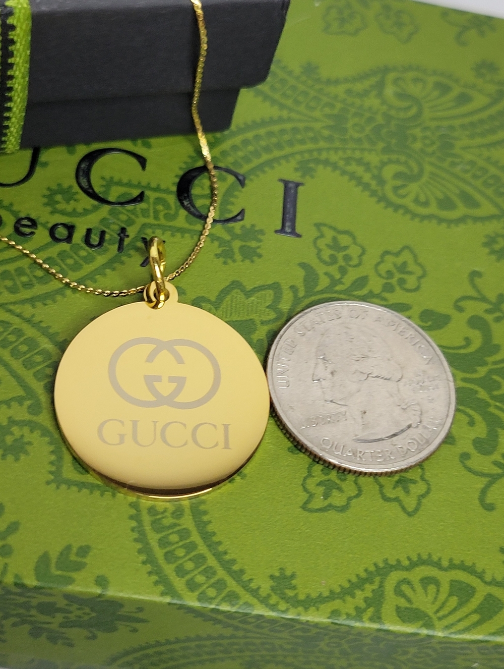 Gucci Double Sided Gold Plated Medallion Zip Pull 18" Gold Plated Chain Necklace